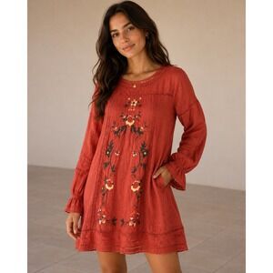Umgee Terracotta Red Floral Embroidered Boho Tunic Dress Pockets A2753 Womens M